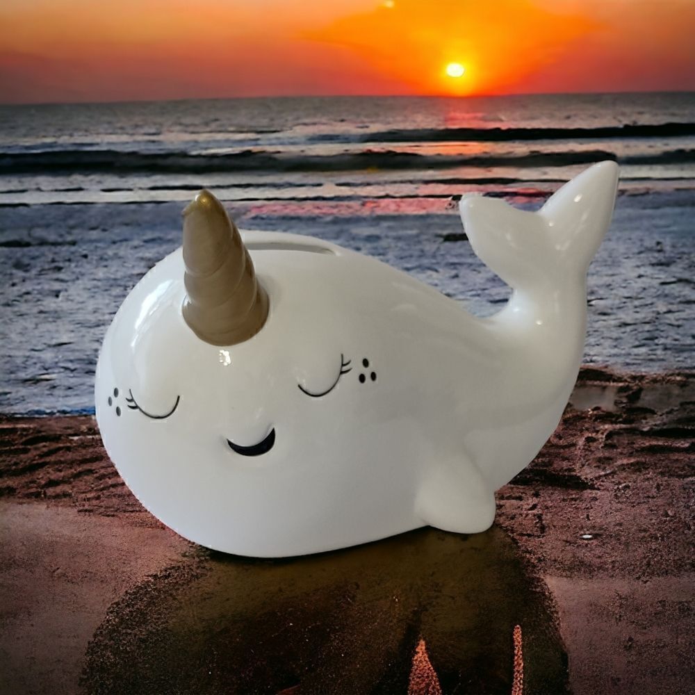 Target‎ Narwhal Bank Ceramic White Pillowfort Piggy Coin Figurine Coastal Beach.